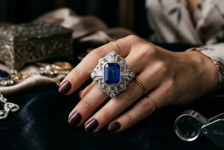 Art Deco Sapphire Rings: Design Features, History & Modern Styles Art Deco sapphire ring with geometric vintage-inspired design