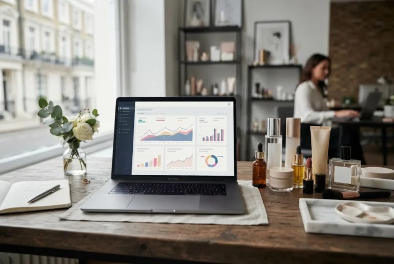 Beauty SEO strategy shown through a premium beauty brand workspace with skincare and cosmetics