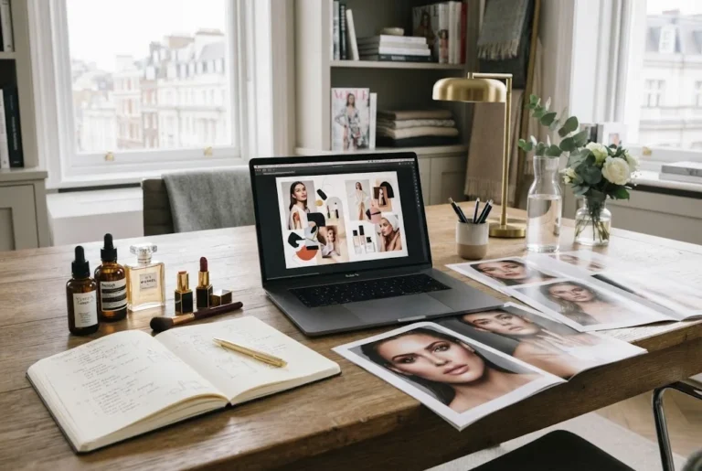 Beauty Writing: How to Create Better Beauty Content Beauty writing workspace featuring skincare, makeup and fragrance editorial content