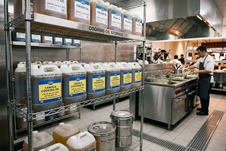 Commercial kitchen storing and managing frying oil safely