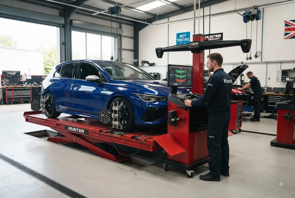 Wheel alignment service helping reduce tyre wear in a UK automotive workshop