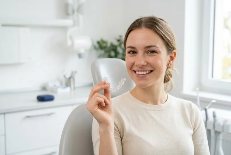 Patient holding a transparent clear aligner tray