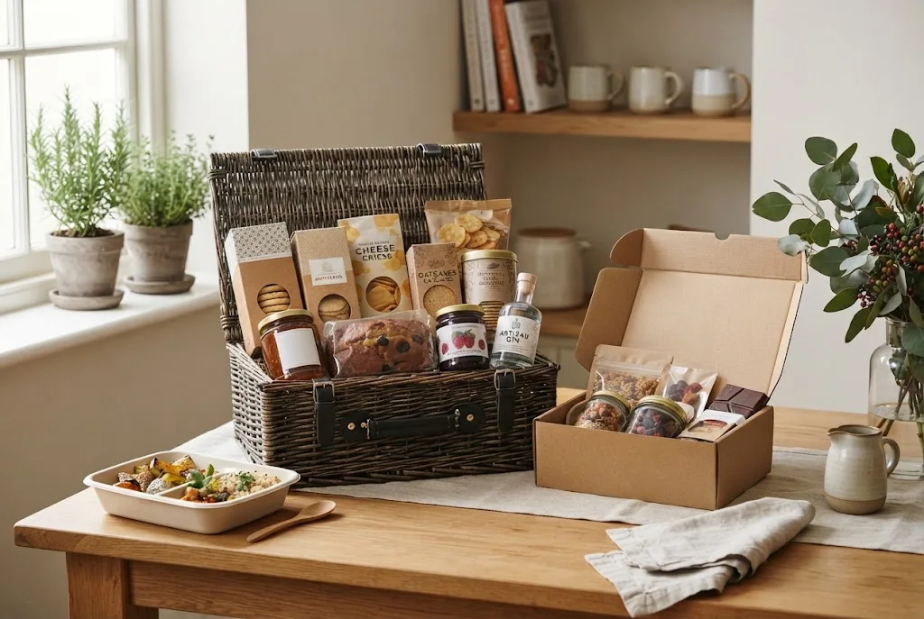 Food gifts arranged in a curated hamper for food lovers