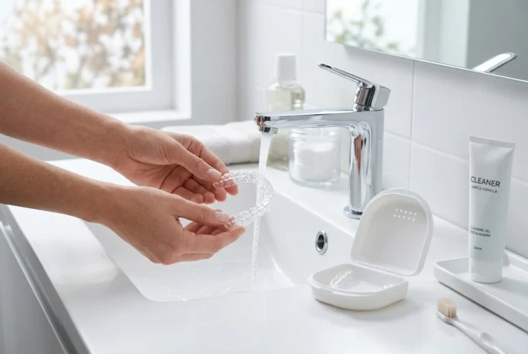 How to Clean and Care for Clear Aligners Properly Clear aligner being cleaned with water