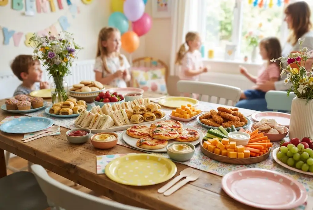 Kids party food including sandwiches, sausage rolls, fruit and snacks