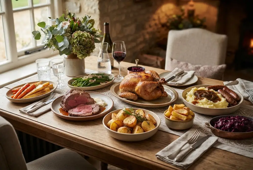 Meat and Poultry featuring roast chicken, beef, sausages and British sides