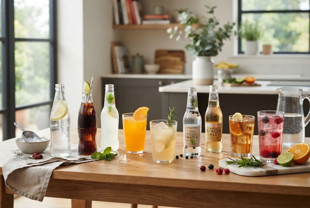 Soft Drinks showing popular UK beverages including sparkling water, juice and fizzy drinks