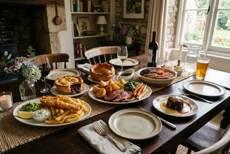 UK Foods: Traditional British Dishes & Popular Favourites UK Foods featuring traditional British dishes including fish and chips, roast dinner and pies