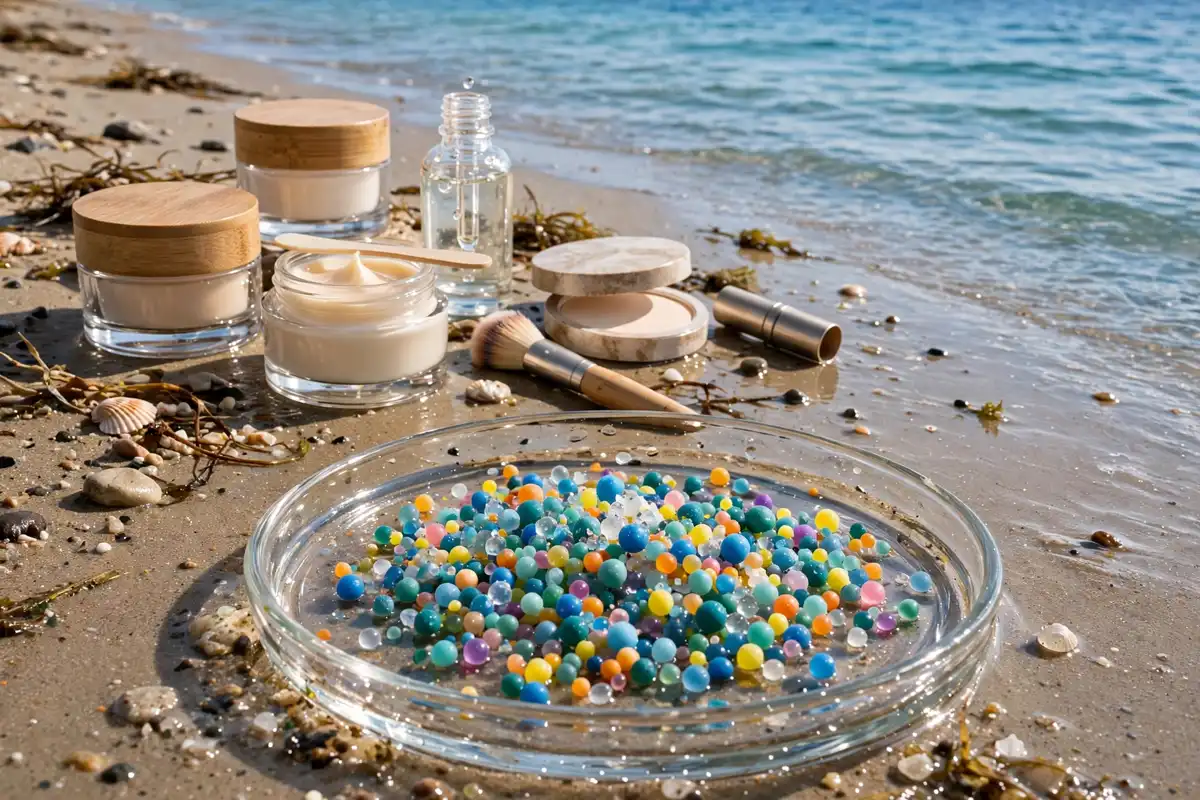 microplastics in cosmetics shown as colourful plastic beads beside skincare jars and makeup on a sandy beach by the sea