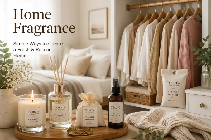 Luxury home fragrance products with reed diffusers and wardrobe refresher creating a fresh and relaxing living space