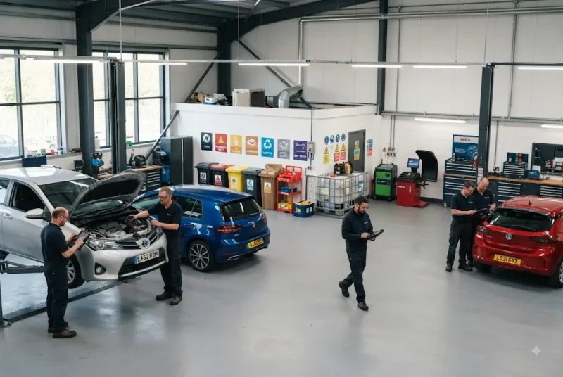 Automotive service companies using environmental best practices in a UK workshop