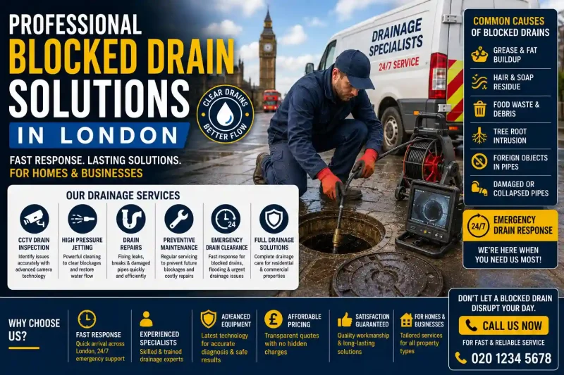 Professional drainage engineer fixing a blocked drain in London for residential and commercial properties