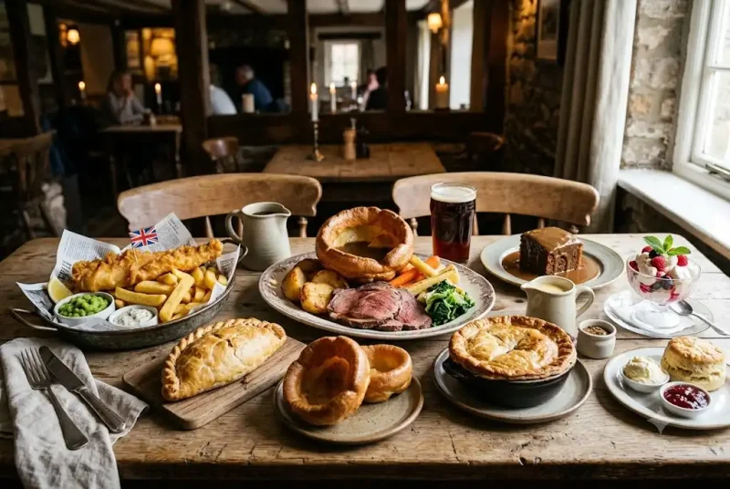 British Delicacies including traditional foods from the UK served in an authentic dining setting