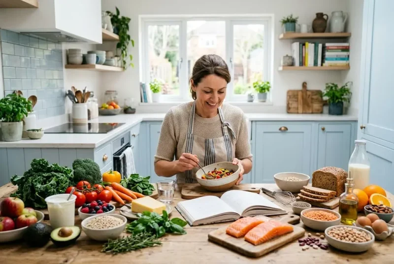 Explore Food with fresh healthy ingredients prepared in a modern UK kitchen