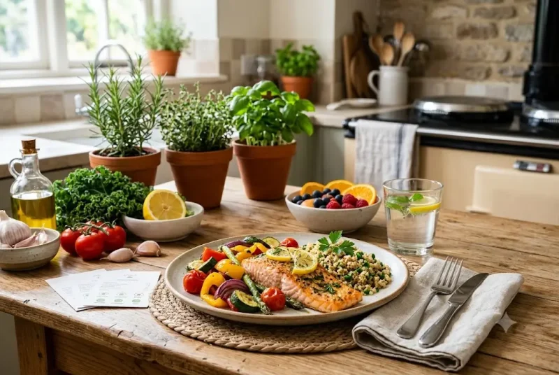 Food Facts and Nutrition displayed through a healthy balanced meal in a UK home