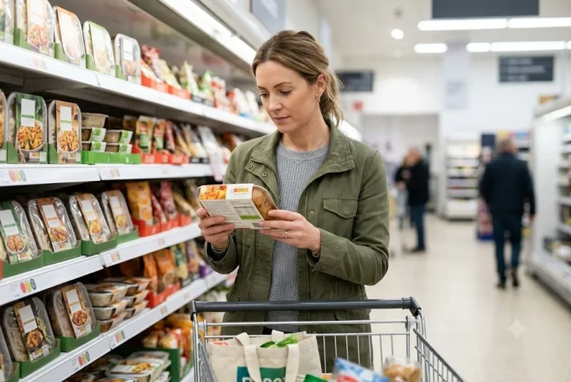 Food Packaging and Labels on a packaged food product in a UK supermarket