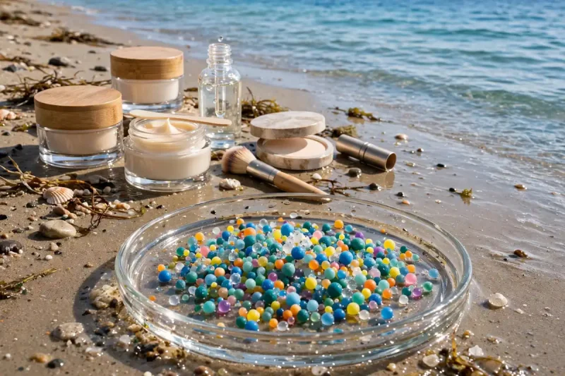 microplastics in cosmetics shown as colourful plastic beads beside skincare jars and makeup on a sandy beach by the sea