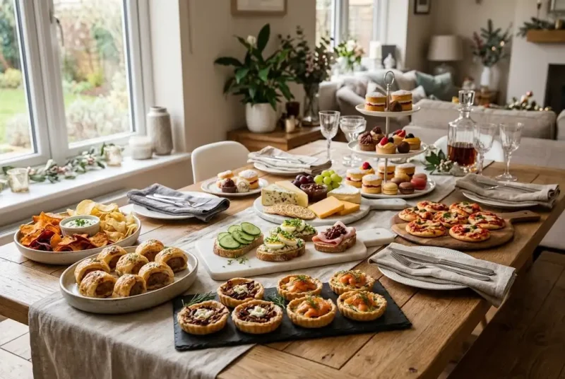 Party Food Ideas featuring savoury snacks, pastries, cheese, dips and finger foods