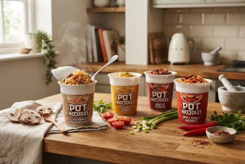 Pot Noodles in the UK with different flavours and noodle pots