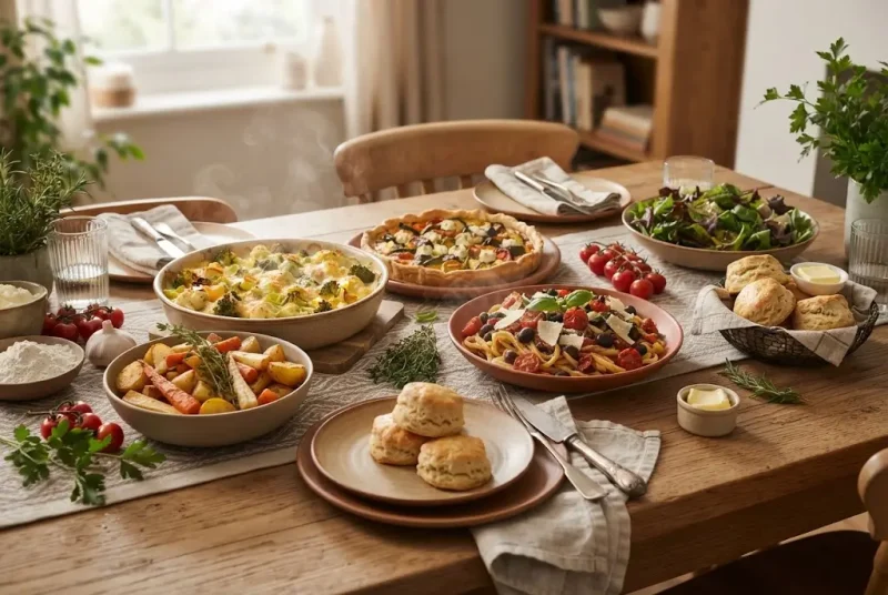 Savoury dishes including baked recipes, pasta and roasted vegetables