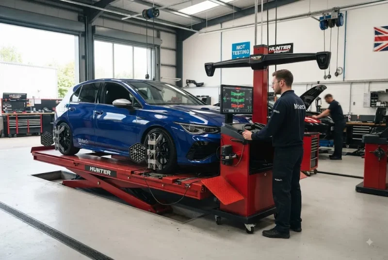 Wheel alignment service helping reduce tyre wear in a UK automotive workshop
